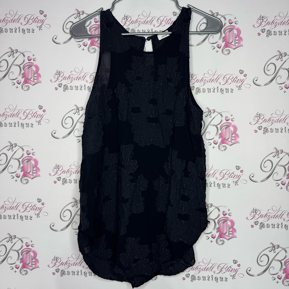Wilfred tank top black floral distressed flowers mesh cute soft keyhole opening